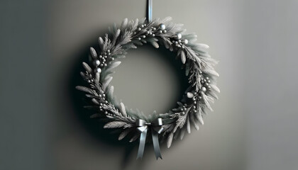 A Christmas wreath adorned with silver baubles and natural elements, hanging on a neutral background