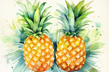 Juicy tropical pineapple watercolor print with decorative vintage texture, perfect for summer fabric, wallpaper, or textile design. Generative AI
