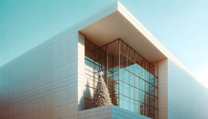 A modern building with a large Christmas tree visible through its geometric windows, under a clear sky.