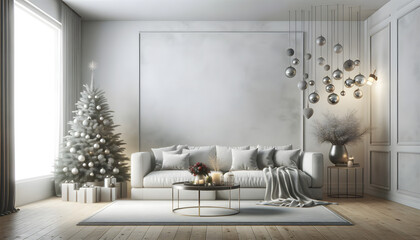 Elegant living room decorated for Christmas with trees and ornaments.
