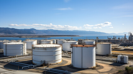 oil and gas terminal storage tank farm seen from above,