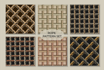 Set of seamless patterns with loose interwoven ropes. Mat, rug with traditional plain weave. Burlap weave. Vintage style. Not AI - obrazy, fototapety, plakaty