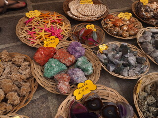 Mineral stone, sea shells and starfish displayed at a suvenir ship at Lippari, Sicily Italy