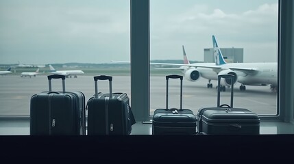 Suitcase luggage is in the airport terminal, with airplanes outside the window on background