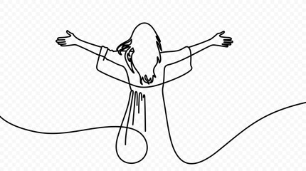 Continuous one line drawing of happy woman raised her hands up vector design. Single line art illustration of woman enjoying life on transparent background