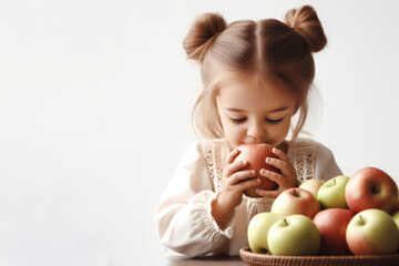 Fototapeta na wymiar Cute little girl eat apple on white background. ai generative