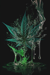 
Medical cannabis liquid oil splash with cannabis leaf