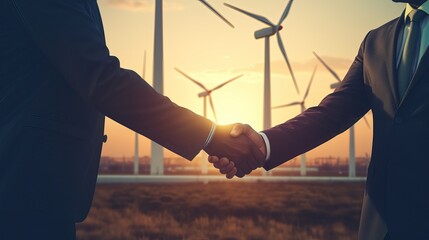 Double exposure graphic of business people handshake over wind turbine farm and green renewable energy worker interface. Concept of sustainability development by alternative energy. - obrazy, fototapety, plakaty
