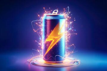 Creative concept banner to advertise an energy drink in an aluminum can. ai generative