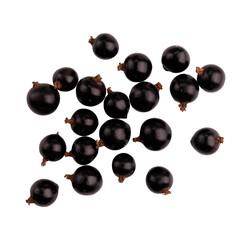 heap of black currant berries isolated on white background with clipping path, top view