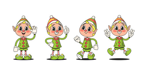 Retro Style Christmas Elves Cartoon Characters In Vintage Attire, Complete With Pointy Hats And Mischievous Grins
