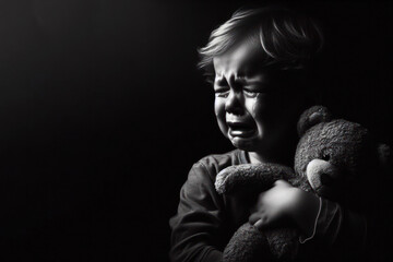 Little child crying on black background. ai generative