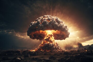 Huge nuclear bomb explosion, end of the world, doomsday in a post apocalyptic world. ai generative