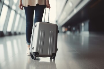 Woman walking with Suitcase luggage is in the airport terminal, with airplanes outside the window on background