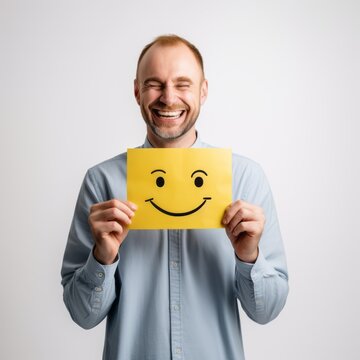 Embracing a positive mind and enjoying life, with a hand holding a smiling face paper a symbol of mental health, wellbeing, and healthy lifestyles.