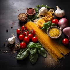 Spaghetti pasta, vegetables and spices, on a wooden table, on a gray background, AI generator