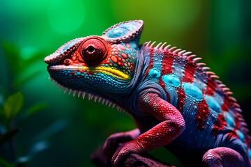 Fototapeta premium Closeup view of a brilliantly colorful chameleon lizard displaying its vibrant hues and intricate patterns. Bright image. 
