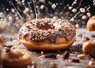 delicious colorful donut, exploding ingredients 

