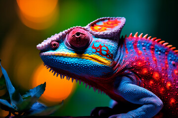 Fototapeta premium Closeup view of a brilliantly colorful chameleon lizard displaying its vibrant hues and intricate patterns. Bright image. 