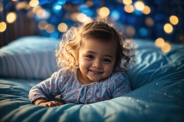 Smiling baby girl lying on a bed sleeping on blue sheets. ai generative