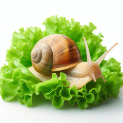Snail on green lettuce leaf isolated on white background. ai generative