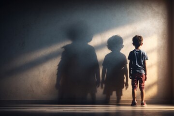 strong kid stand near wall with monster shadow. ai generative - obrazy, fototapety, plakaty