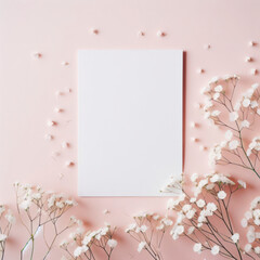 Top view of Blank mockup white card invitation with beautiful gypsophila flowers on a pastel background. ai generative