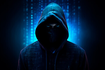 A hacker in a hoodie with an obscured face, illustrating concepts of hacker attacks, virus-infected software, the dark web, and cyber security.