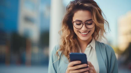 Fotobehang beautiful female entrepreneur wearing eyeglasses and reading good news over smart phone in front of a financial company. generative AI © yj