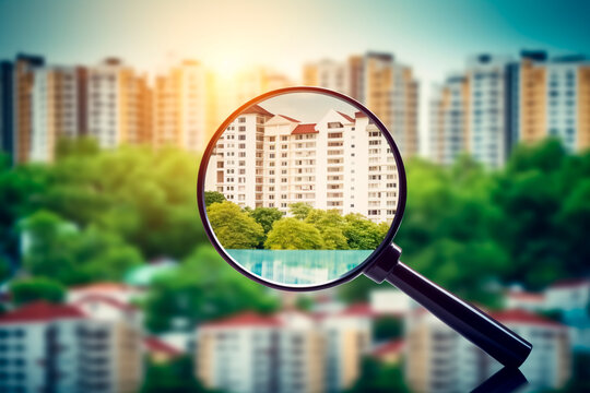 Searching for a new house in the rental housing market, with a magnifying glass near a residential building. Bright image. 