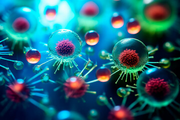 Macro close-up of bacteria and virus cells in a scientific laboratory petri dish.Bright image. - Powered by Adobe