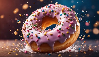 delicious colorful donut, exploding ingredients 

