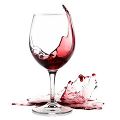Delicious red wine glass with wine overflowing and coming out of the glass isolated on transparent background, PNG file.