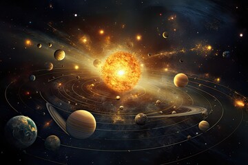 An artist's rendering of the sun, planets, and other celestial objects in the solar system, showcasing the cosmic layout