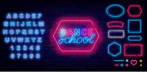 Dance school neon label. Shiny move learning badge on brick wall. Party design. Vector illustration