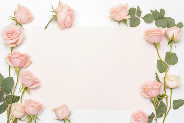 Naklejka na ściany i meble Elegant Pink Roses Frame on a White Background