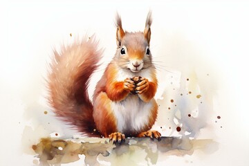 Watercolor painting of a red squirrel holding a nut. Generative AI - obrazy, fototapety, plakaty