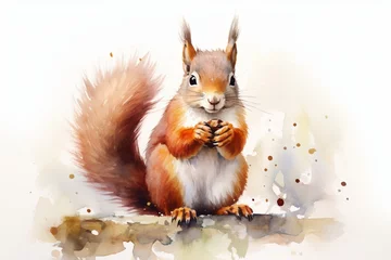 Fotobehang Watercolor painting of a red squirrel holding a nut. Generative AI © Thorne