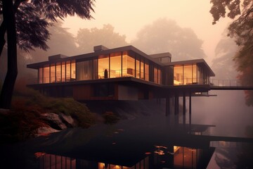 Contemporary architecture amidst misty ambiance. Generative AI