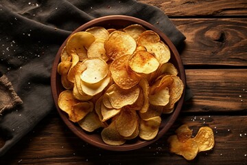 Spiced potato chips on rustic wooden surface. Generative AI