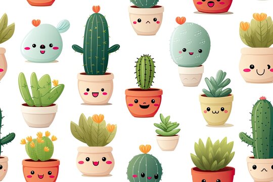 Cactus, cute children, cartoon, cartoon picture, sameless, pattern, watercolor