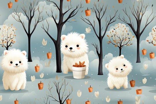 Illustration, fox, snow tree, cute, seamless pattern