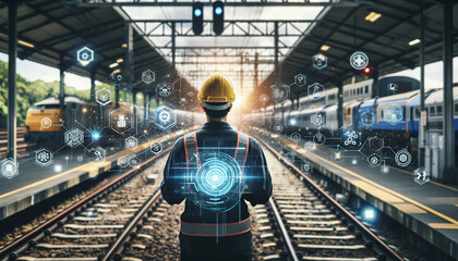 An engineer in a helmet stands on the railway tracks in the depot, the interface and control icons are visualized in front of him.