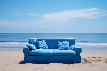 Fototapeta na wymiar Blue sofa on the beach. Generative AI