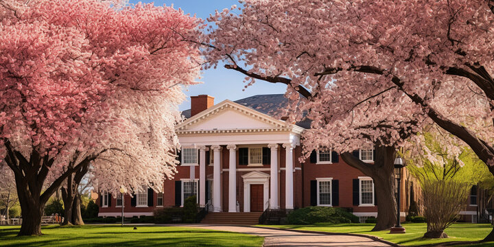 Classic Georgian colonial mansion, red brick exterior, white pillars, U.S. flag flying in the front, cherry blossom trees in full bloom