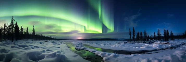 Keuken spatwand met foto aurora borealis, snowy landscape below, ethereal green lights © Marco Attano