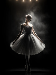 Elegantly poised ballerina, female, en pointe on a dimly lit stage, spotlight on her, capturing the emotion and grace, tulle tutu, soft, ambient lighting