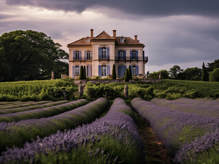 French chateau-style mansion, rolling vineyard in the background, lavender fields surrounding, soft focus, stone exterior, overcast sky
