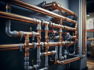 modern plumbing setup, PEX pipes with brass fittings, behind-the-wall perspective, well-lit like architectural blueprints
