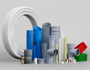 3d rendering repair construction plastic pvc pipes pvc worker white,UPVC CPVC Fittings for polypropylene pipes. Elements for pipelines. plastic piping elements. They are designed for connecting pipes.